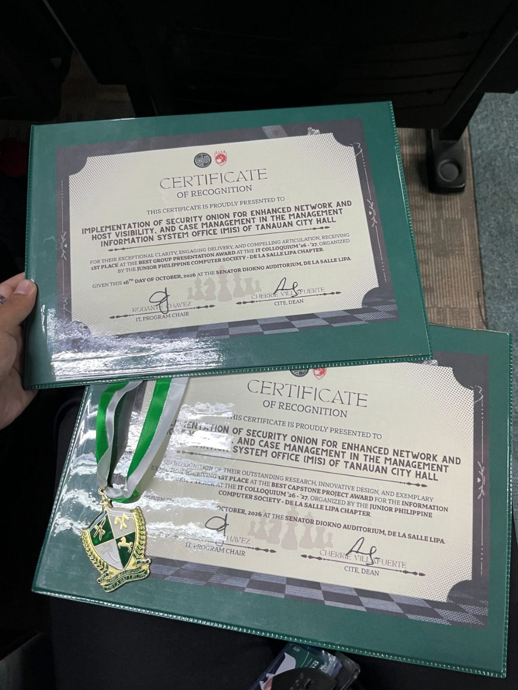 Certificates of recognition for Best Group Presentation and Best Capstone Project