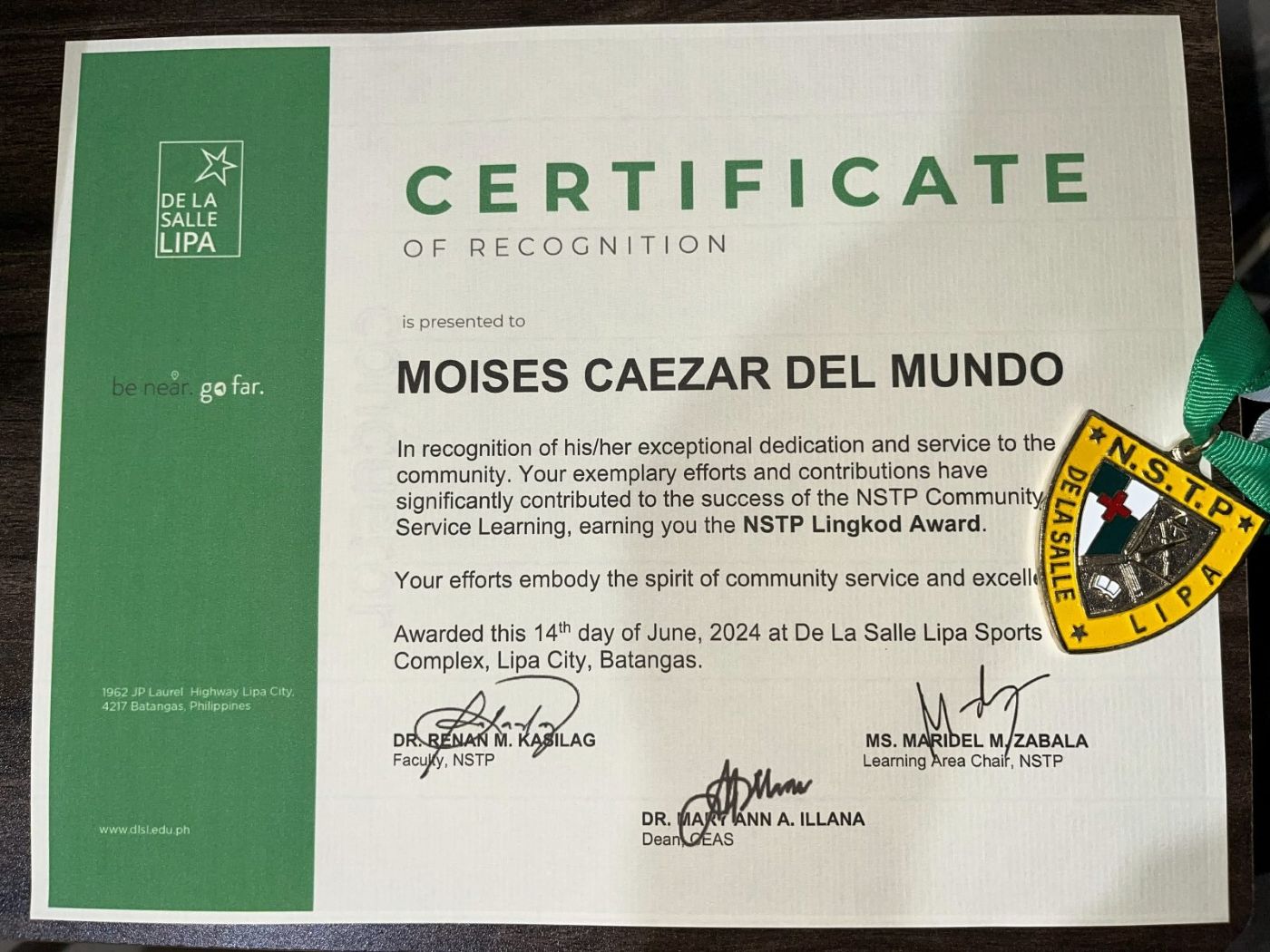 NSTP Lingkod Award certificate of recognition and NSTP medal